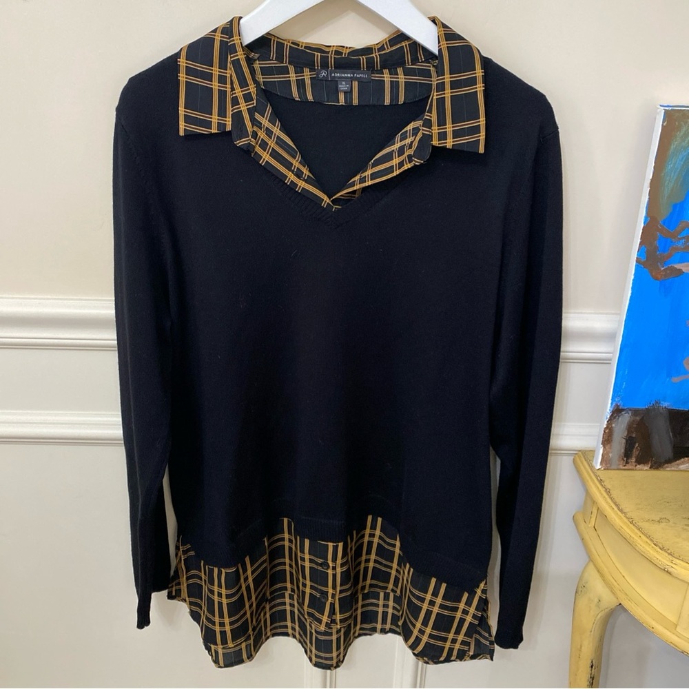 Adrianna Papell Black and Yellow Plaid Layered Top lightweight Sweater Size XL